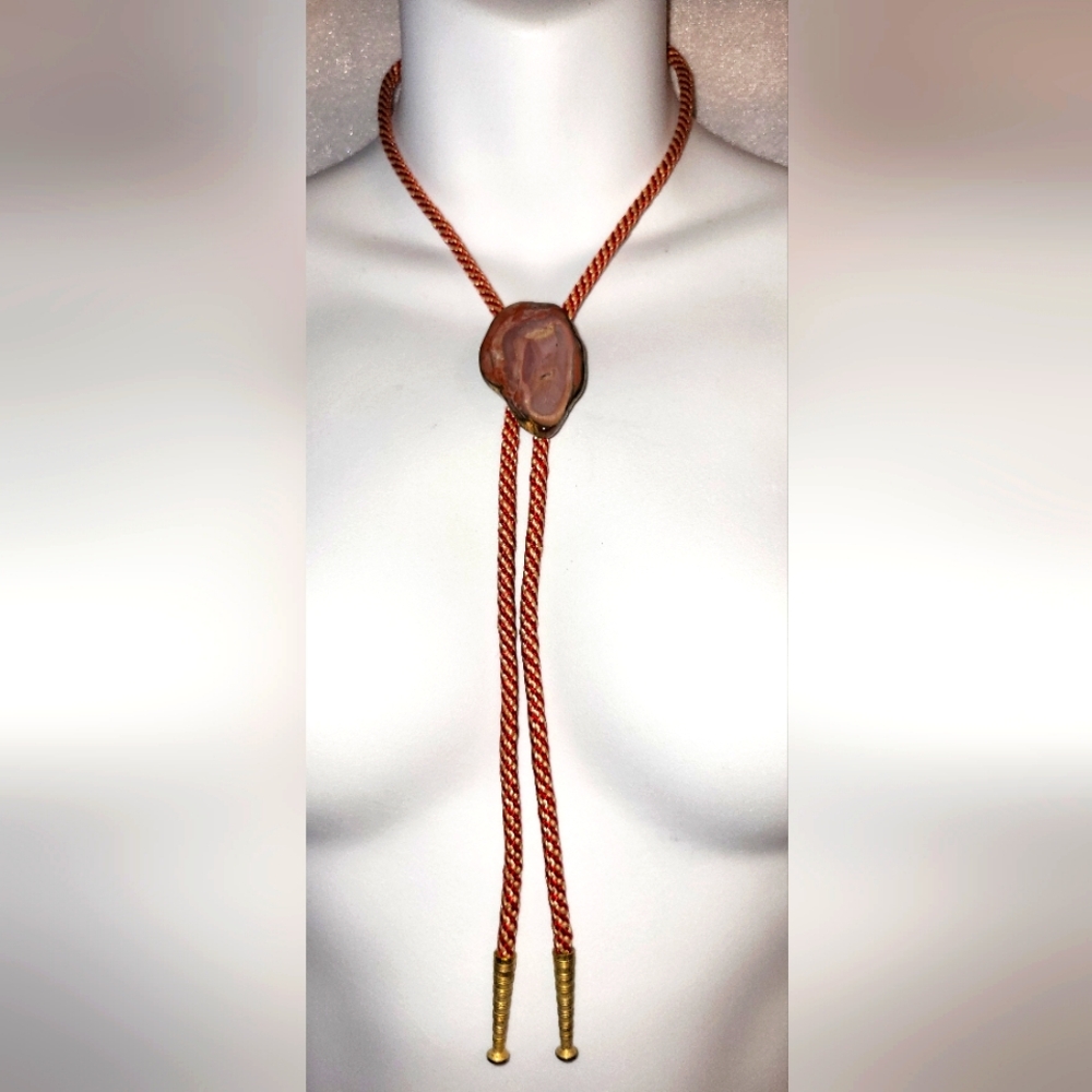 Vintage Brown Agate Stone on Red /Cream Coloured String Necktie Bolo